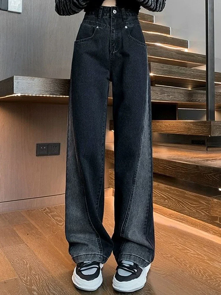 امرأة عالية الخصر الجينز سيدة الأمريكية شارع العليا المرقعة مستقيم الساق السراويل الفتيات أسود رمادي التباين اللون واسعة الساق السراويل