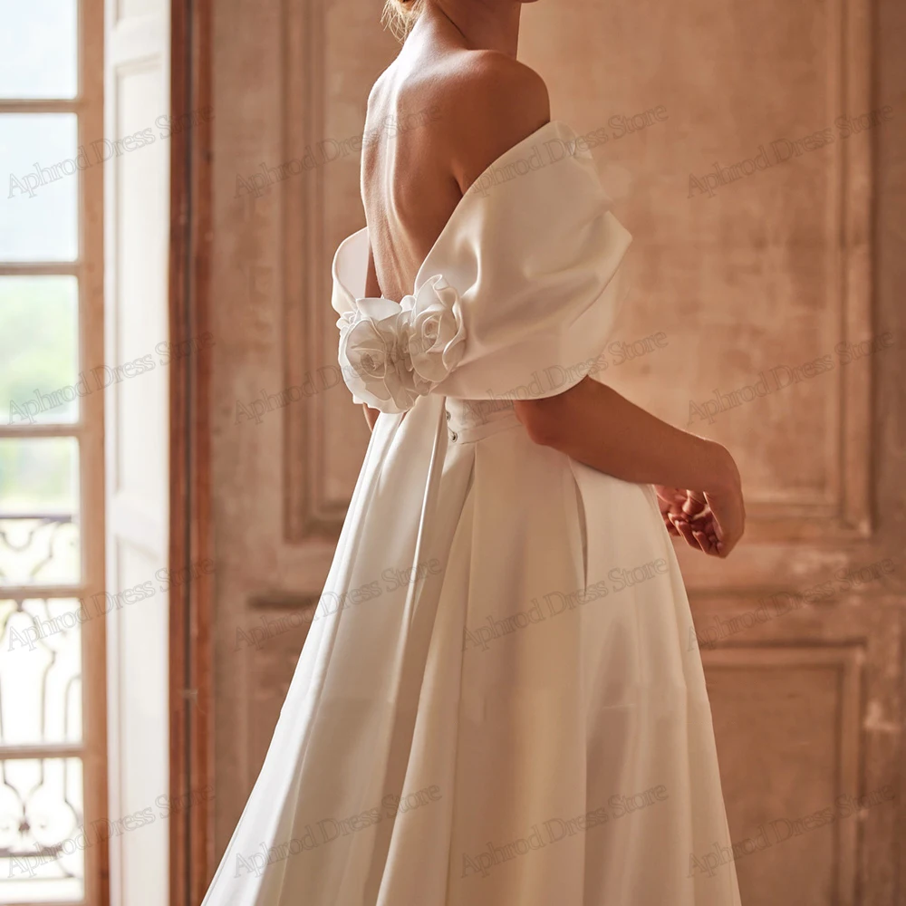 Simple Wedding Dresses Graceful Bridal Gowns Satin Pleat Robes Off The Shoulder Robes Backless High Slit Vestidos De Novia 2024