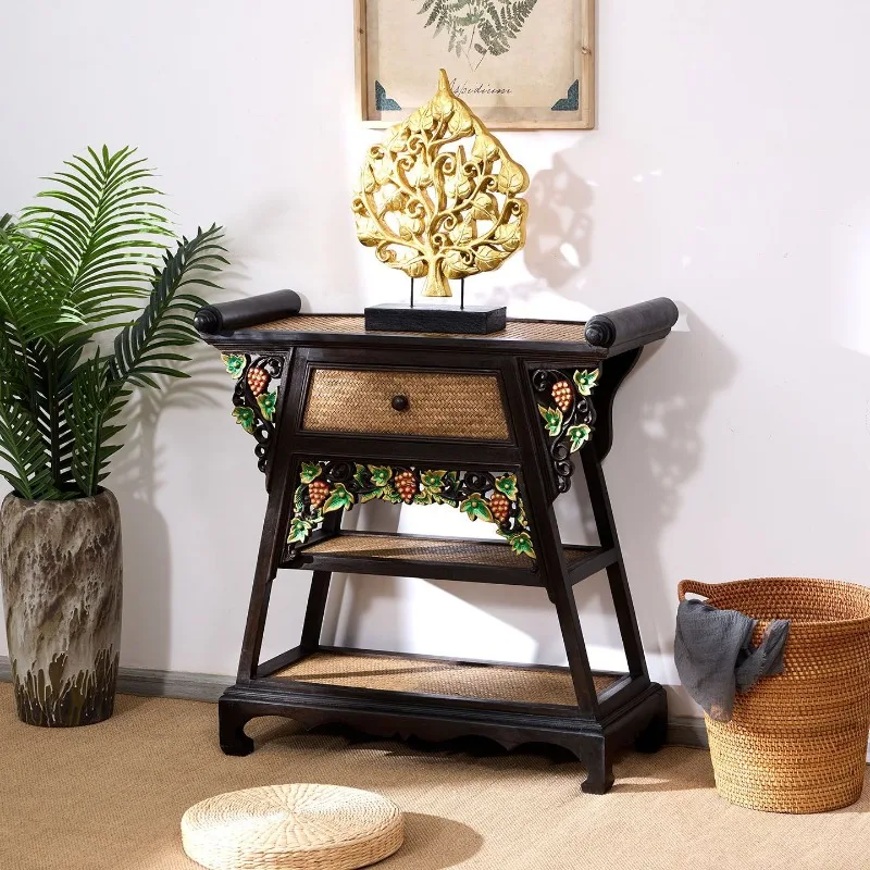 Cabinet South East Asia style decorative cabinet rattan bamboo carved solid wood living room foyer