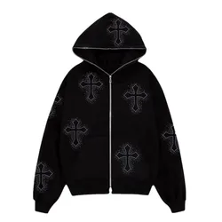 Trendyol Mens Streetwear Hot Drilling Cross Hoodies Vintage Oodie Black Skeleton Hoodie Oversized Full Zip Hooded Sweatshirt