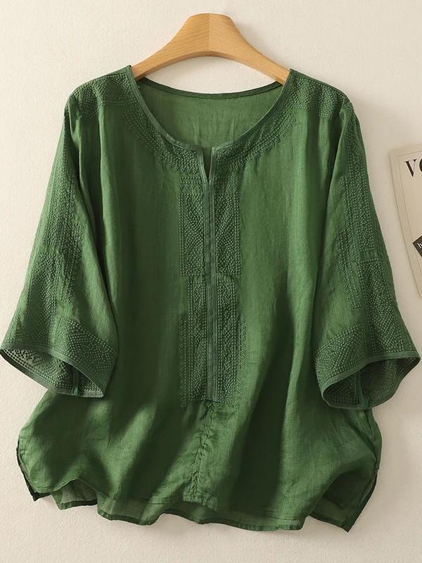 

Женский летний топ свободного кроя из хлопка и льна с вышивкой Ele, летний топ для похудения больших размеров V-Ne ort Sve