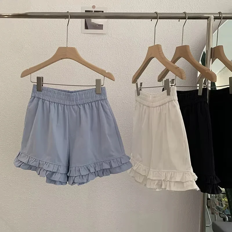 Damen-Shorts mit Rüschen, hoher Taille, lockerem, weitem Bein, 2025, Sommer, lässige Hose, Vintage-Tasche ​ Shorts Pantalones Cortos De Mujer