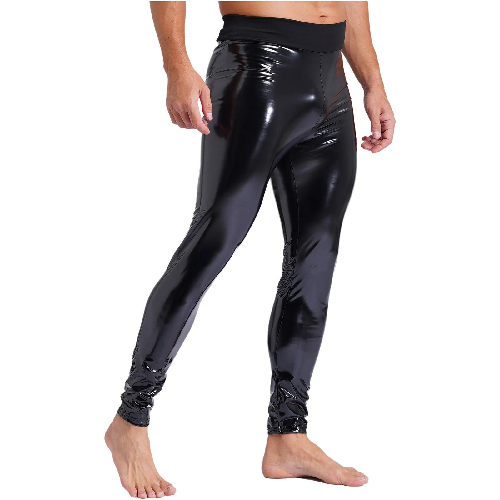 Mens Black Stretchy Leggings Patent Leather Skinny Trousers Latex Long Pants High Waist Rave Party Clothings Wet Look Clubwear