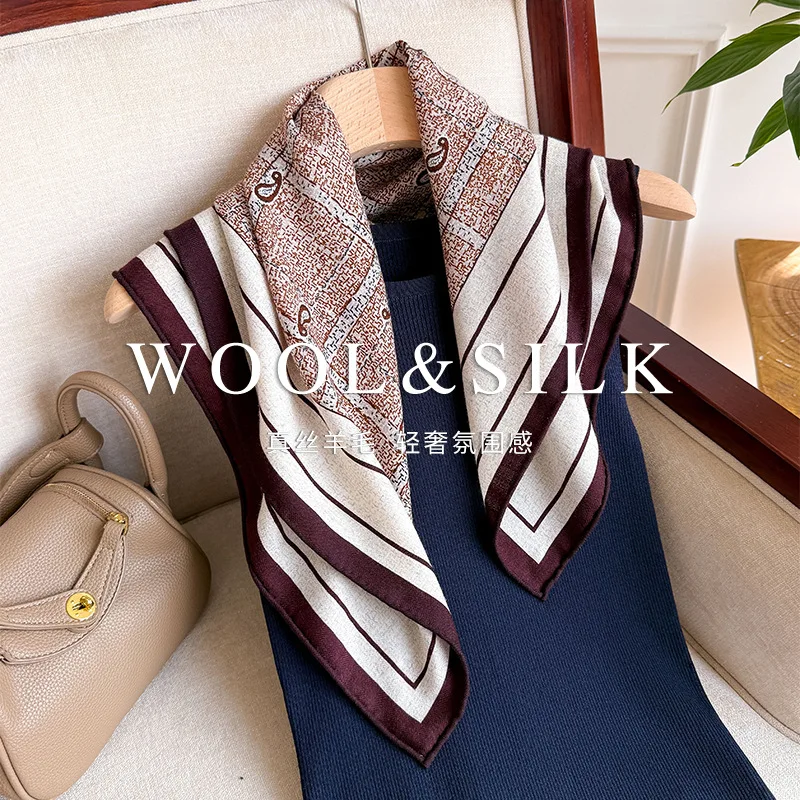 30% MULBERRY SILK 70% WOOL 70X70cm Grid Mini Paisley Double Sided Square Shawl Cream Burgundy Multi Border Bandana Travel Gift