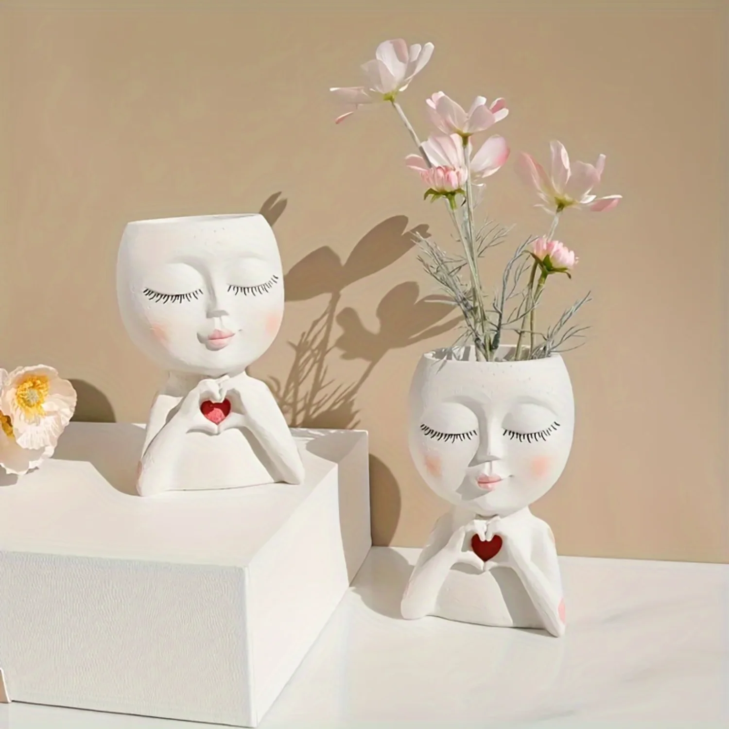 Maceta para flores faciales, decoración de resina, macetas para plantas suculentas, macetas para cabeza de plantas para interiores/exteriores, macetas de Cactus de resina con Dr en forma de corazón