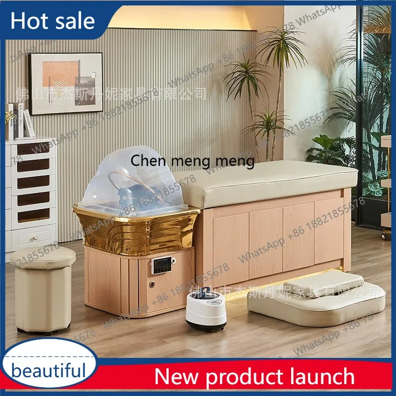 

A17 Gold-plated ceramic basin shampoo bed Solid wood frame with storage water circulation head treatment flushing bed