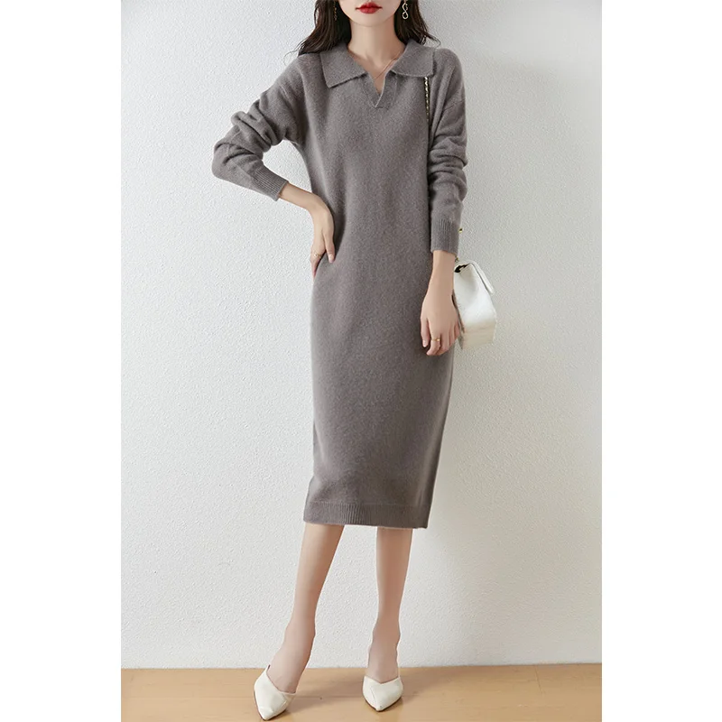 Autumn and winter collar pure wool knitted dress for women, loose and casual, lazy and slimming, paired with a woolen skirt