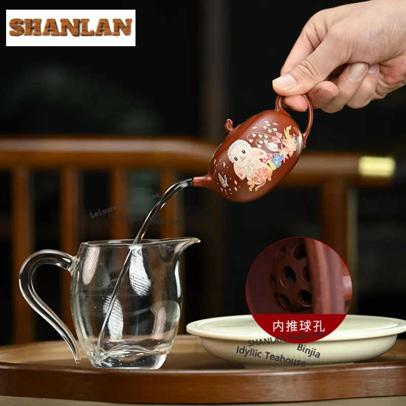 150 مللي رائعة ييشينغ الأرجواني الطين أباريق الشاي اليدوية الملونة رسمت اليشم أرنب شقة شيشي وعاء الخام خام الطين غلاية Zisha طقم شاي #6