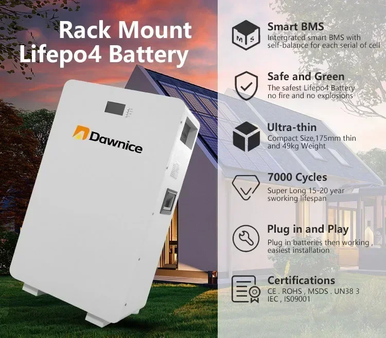 Dawnice 10kwh 15kwh 51.2V 48v 200ah power solar battery lifepo4 wall mounted energy storage lithium battery