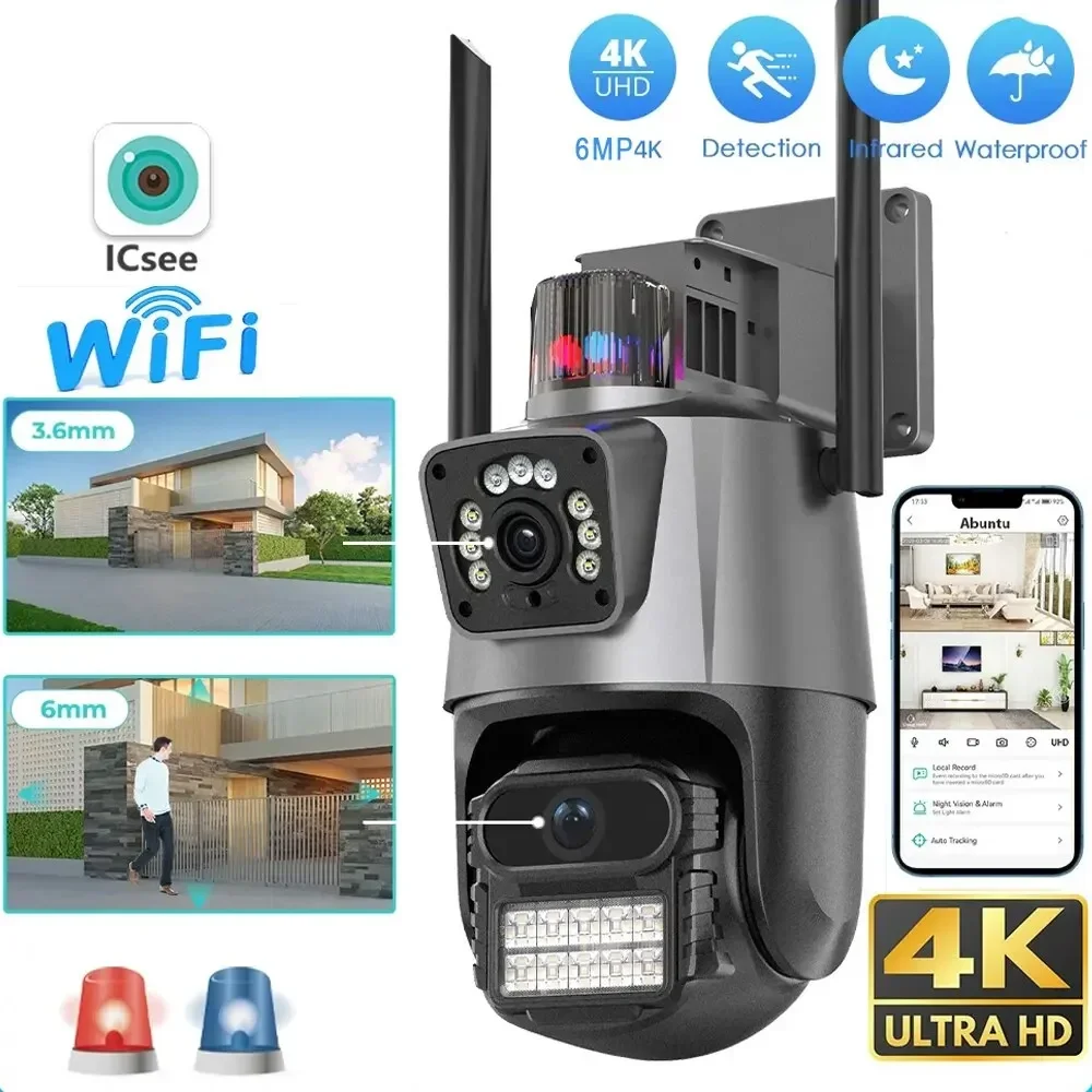 8MP 4K IP Camera Dual Lens Dual  PTZ Wifi Camera Outdoor Waterproof Security Video Surveillance Camera Police Light Alarm