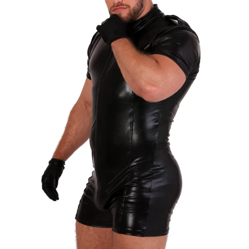 Fetish Latex Men Wetlook Wear Short Jumpsuit Bodysuit PVC Leather Pole Dance Gay Costumes Sexy Erotic Male Leggings Catsuit Pant view 2