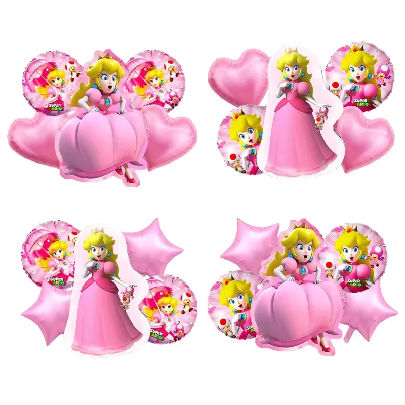 5pcs New Mario Bros Series Princess Peach Balloon Set Cartoon Girls Children Birthday Party Decoration Aluminum Film Balloons