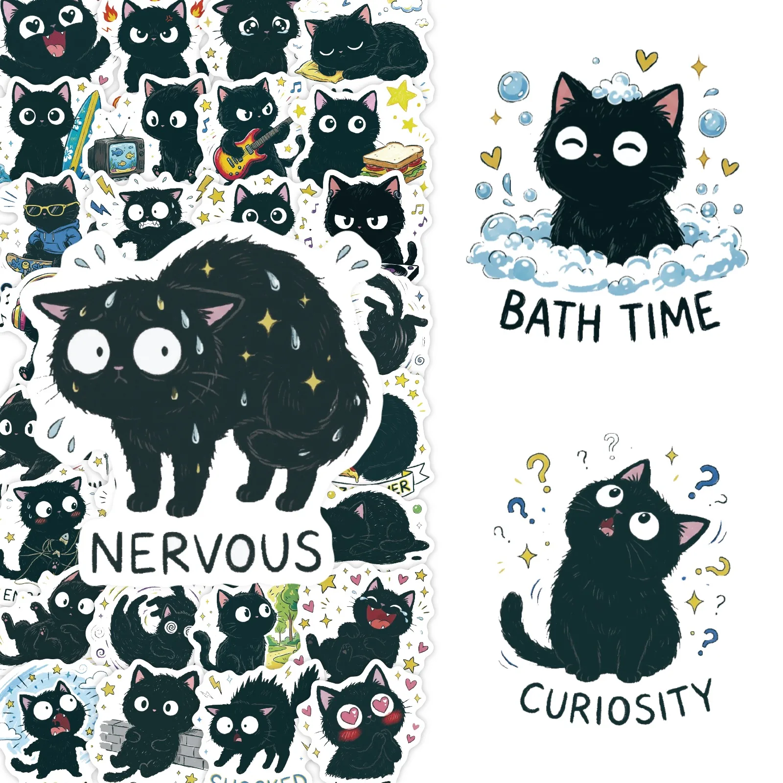 50PCS Cute Emotional Black Cat Stickers Various Mood Expression Kitten Decorative Stickers Scrapbook Journal Planner Accessories - view 2