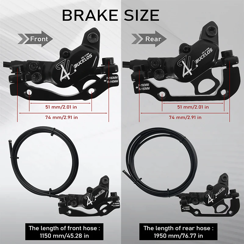 BUCKLOS Juego de frenos de apagado de E-BIKE de 4 pistones, juego de frenos hidráulicos para patinete de 1150mm y 1950mm, piezas de juego de frenos hidráulicos para bicicleta con rotor de 160mm