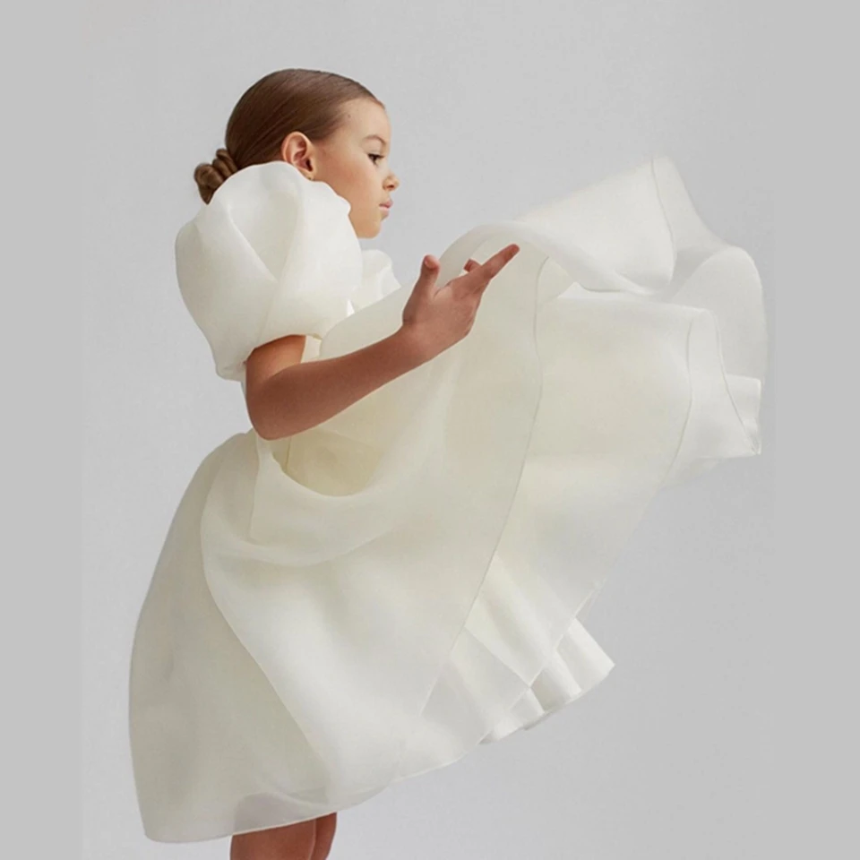 High Quality O-Neck Short Sleeves Flower Bubble Sleeve For Girl Elegant Backless Ball Gown Dresses For Wedding  Knee-Length