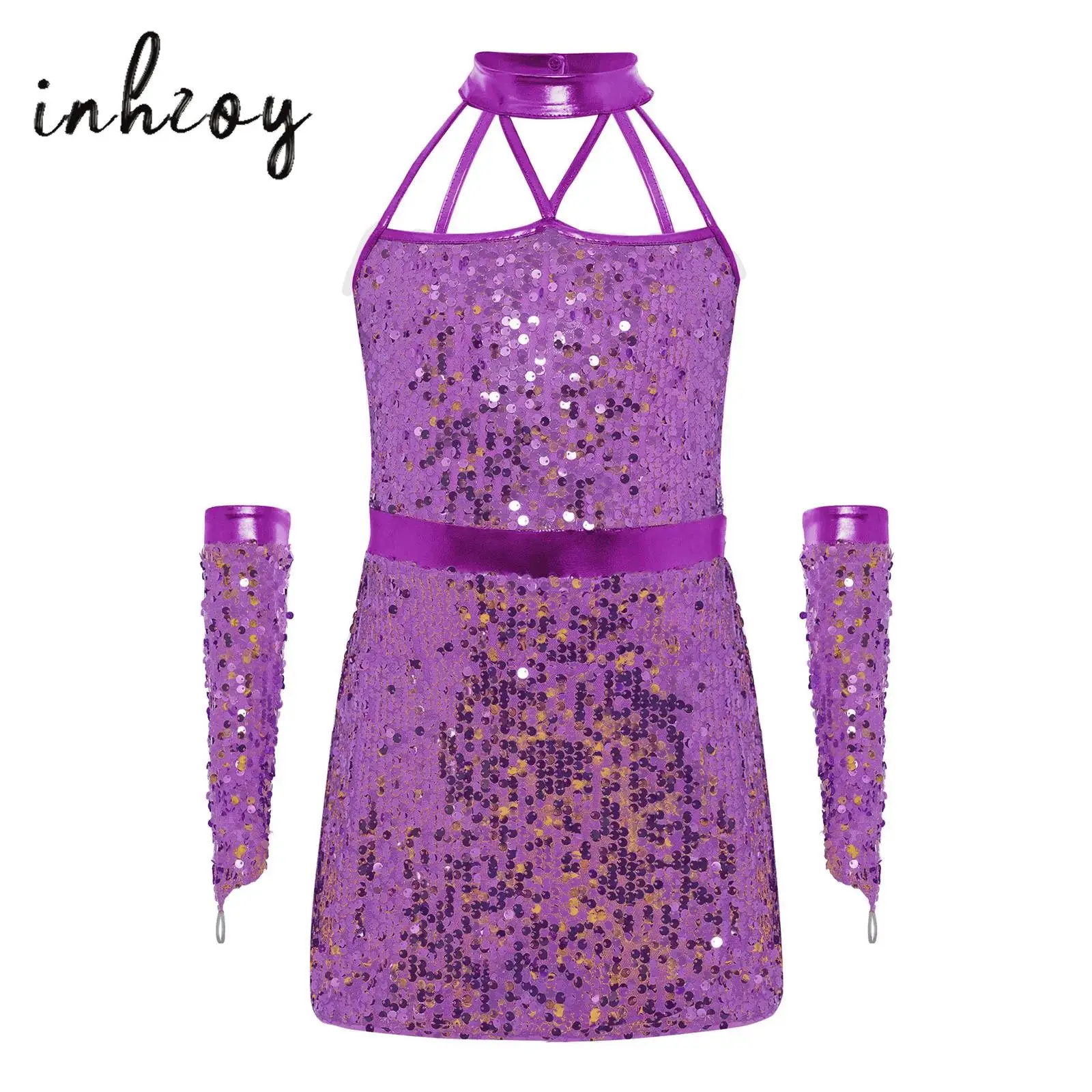 

Детские лирические танцевальные костюмы для латинского ча-ча, балетное трико для фигурного катания, платье с перчатками, блестящая сценическая танцевальная одежда для девочек