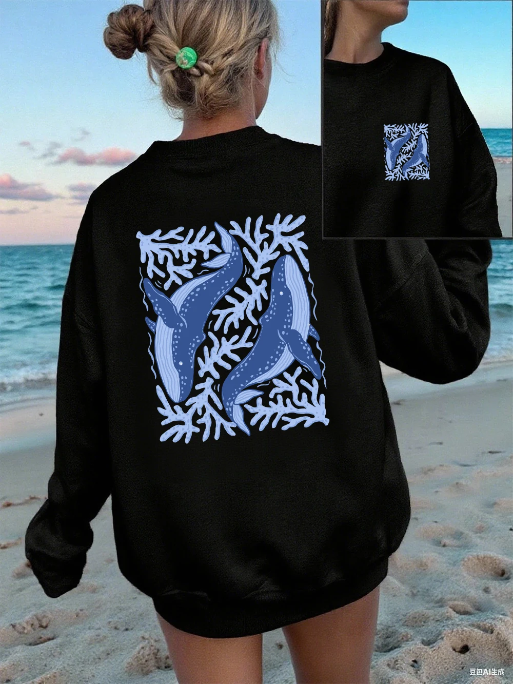 Whale & Coral Printing Sweatshirts Women Autumn Winter Fleece Warm Hoodies Loose Basics Pullovers Casual Crewneck Womans Clothes