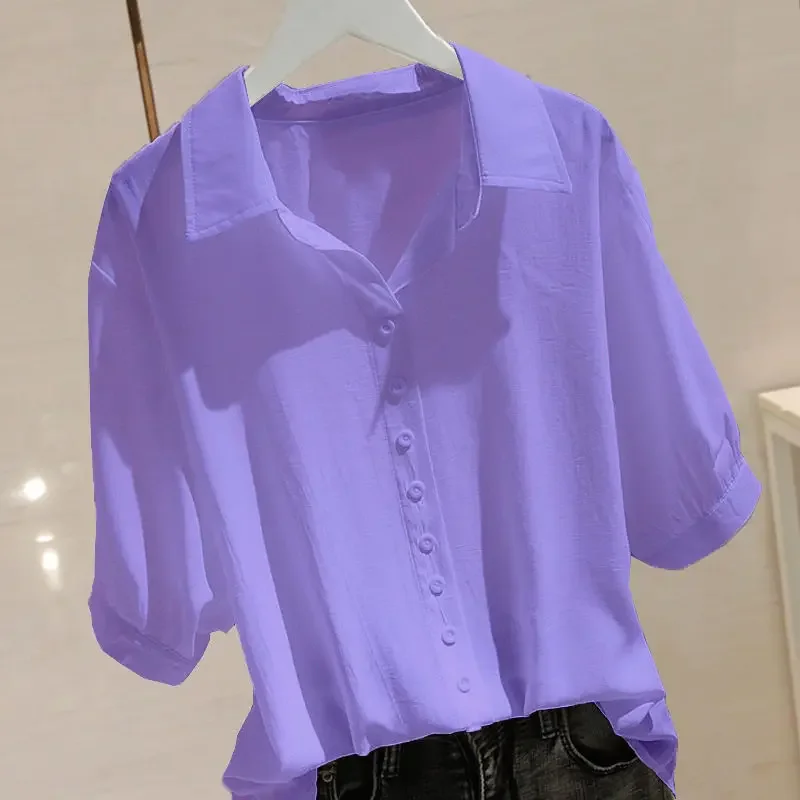 Chemise d'été à manches courtes et col en V pour femmes, chemisier de simplicité coréenne, vêtements de bureau fins et solides, mode décontractée, nouveau