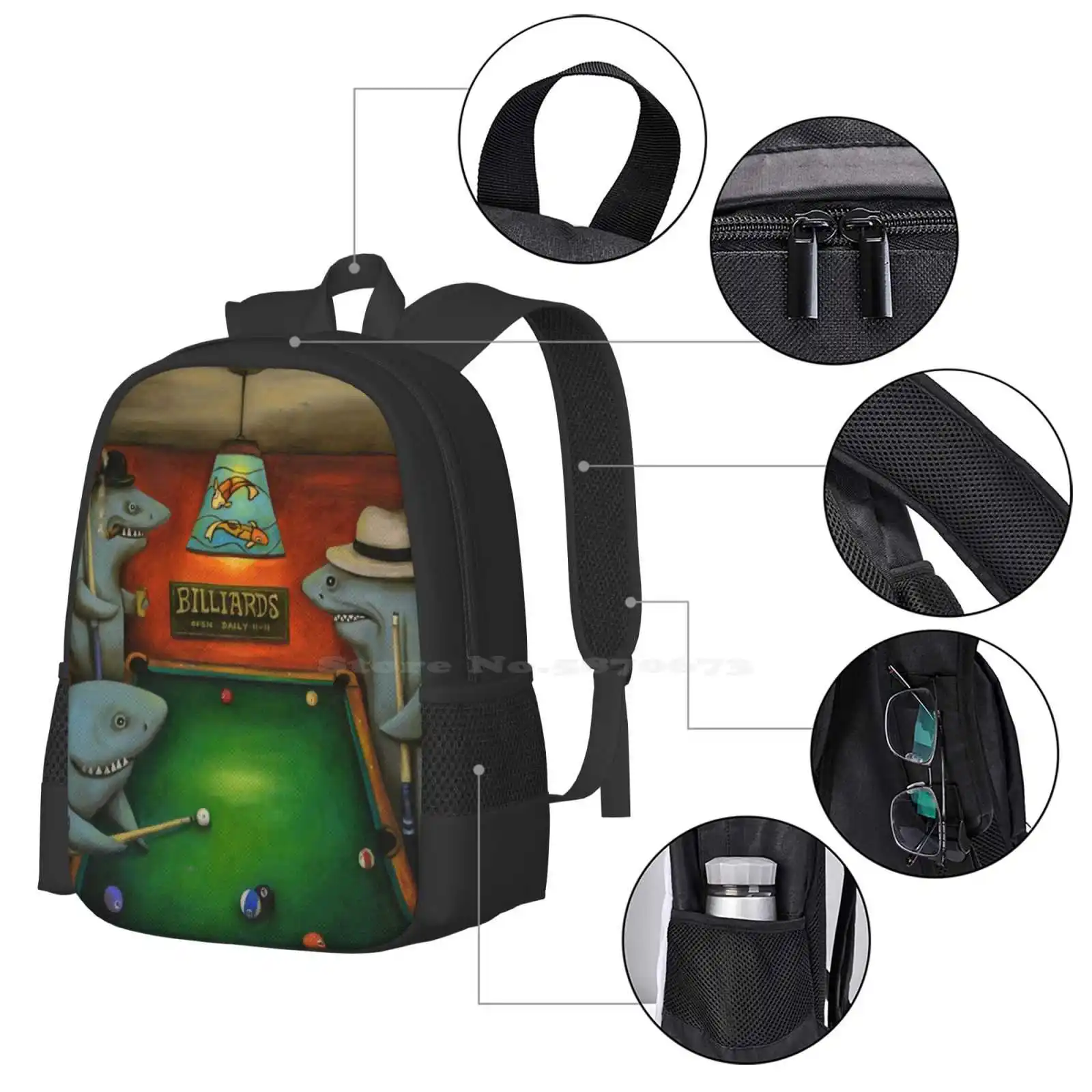 Pool Sharks Hot Sale Schoolbag Backpack Fashion Bags Sharks Billiards Game Gambling Humor Cigar Smoking Koi Goldfish Stained image 4