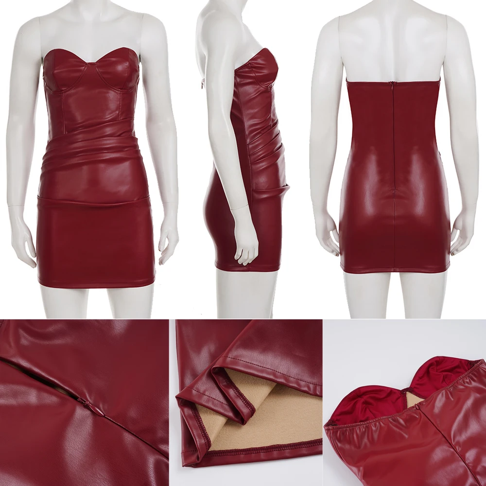 Zeyla بورجوندي فو الجلود حمالة فستان مشد المرأة الخصر Ruched Bodycon الساخن فتاة ناضجة حفلة سليم صالح مثير فستان قصير #6