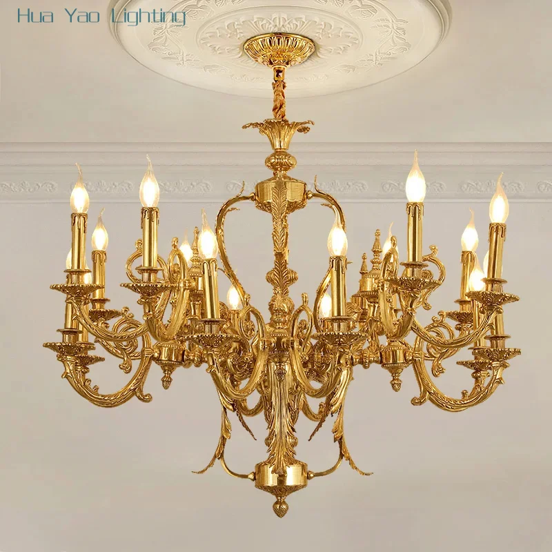 European Copper Pendant Light Luxury Villa Hall Living Room Lamp French Retro Brass Candle Chandelier
