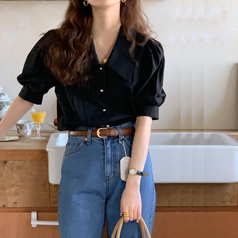 

Vintage Pointy Collar Puff Short-sleeve Shirt Female 2024 Summer New Korean Chic Design Tops Niche Bottoming Shirt French Blouse