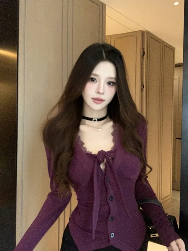 

Sexy Lace Splice Long Sve Base irt Women's Unique Slim Fit Pure Desire Purple Cotton Blend Faionable Inner Wear Top