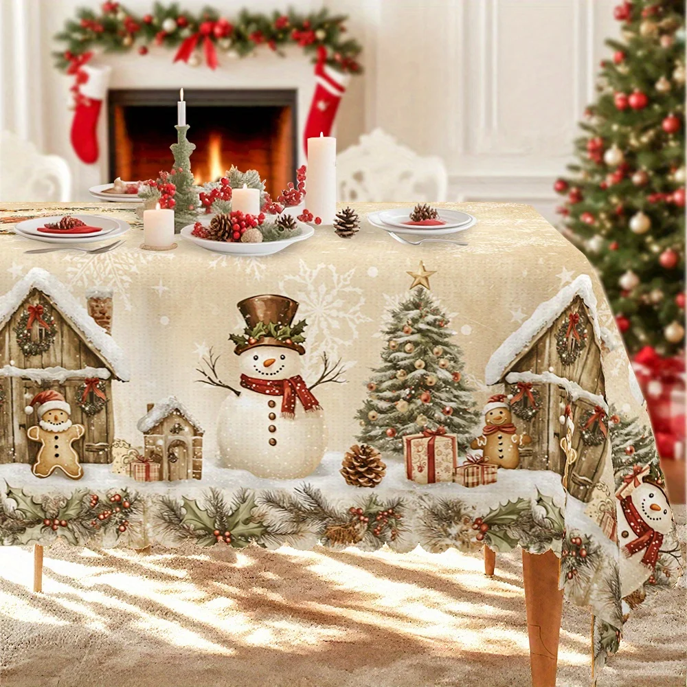 Christmas, winter ice tablecloth, light beige decoration, snowman and Christmas tree and cottage patternszyc