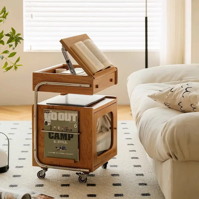 Side cabinet, solid wood medium and ancient style trolley, bedside storage cabinet, retro movable sofa side robot