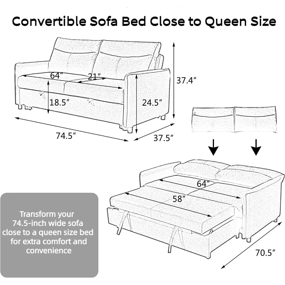 75-Inch Convertible Sleeper Sofa Bed, Comfortable Pull-Out Futon Loveseat, Full Love Seat for RV Small Spaces, Sofa Bed