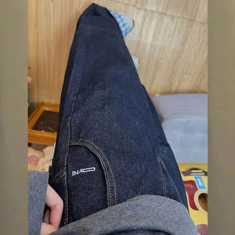 아메리칸 하이 스트리트 디자인 격자 무늬 패치 워크 여성 청바지 봄 새로운 느슨한 스트레이트 레그 와이드 레그 바닥 길이 바지