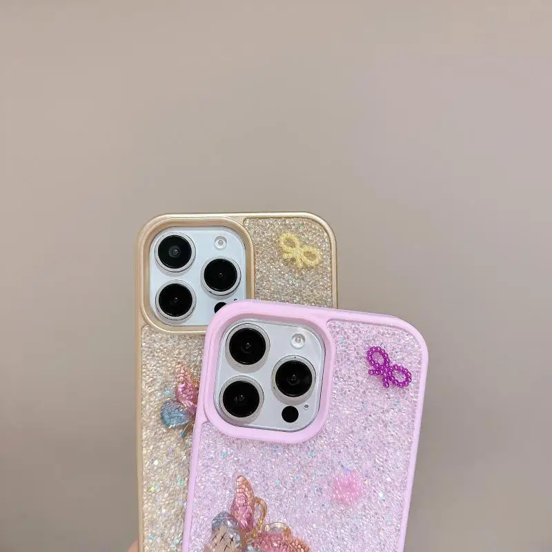 الفاخرة الملونة فراشة بريق حجر الراين جراب هاتف آيفون 16 15 14 13 12 11 برو ماكس زائد لامعة للصدمات الغطاء الخلفي