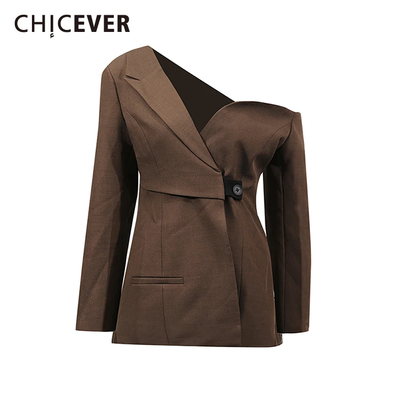 

CHICEVER Coffee Color Spliced Button Coat Female Lapel Long Sleeve Patchwork Single Button Slim Casual Women's Jacket Summer New