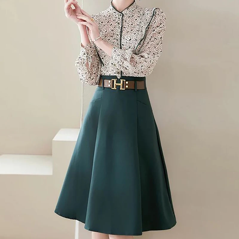 EVNISI Elegant Women Floral Printing Chiffon Blouse A-line Skirt Set Long Sleeved Shirt+High Waist Skirt With Belt Two-Piece Set