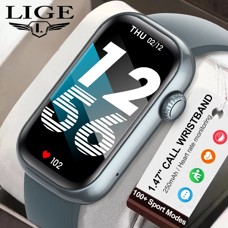 

LIGE New Smart Watch Men Women 1.47'' HD Screen Sport Fitness Smart Bracelet Heart Rate Bluetooth Call Waterproof Smartwatch Man