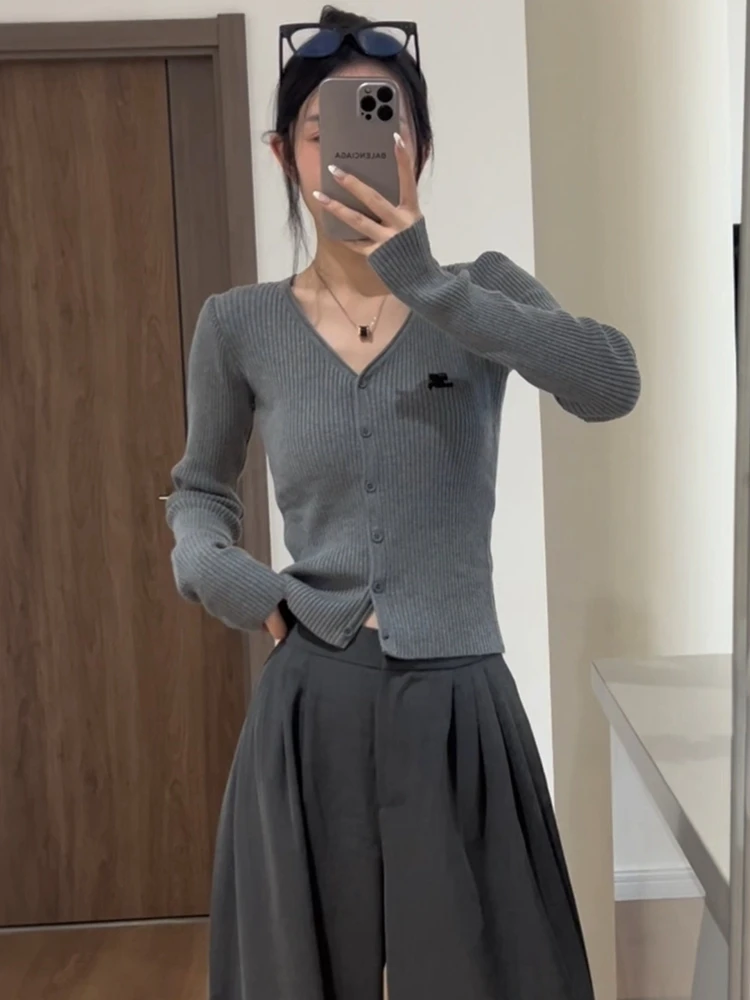 Gray Shoulder V-neck Long sleeve Knit Women clothes Autumn and Winter 2024 New Fashion Slim fit Bottoming Shirt Chic Top