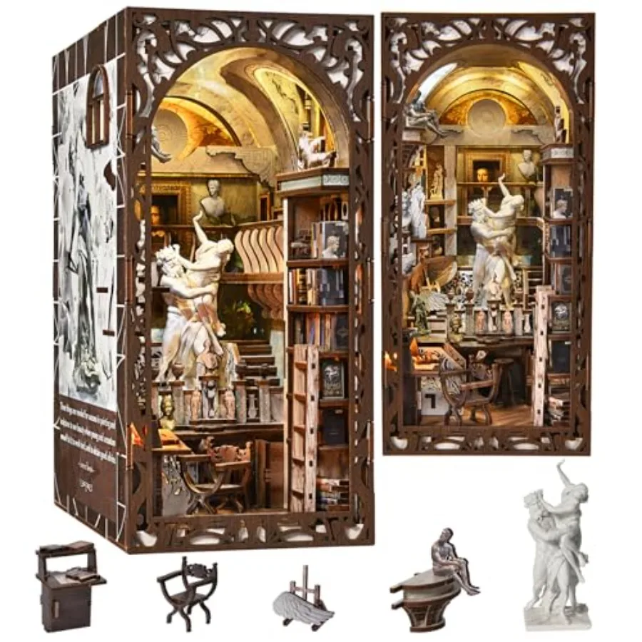 

DIY book nook kit for home decor, wooden material, natural wood color, includes LED light and bookend functionality