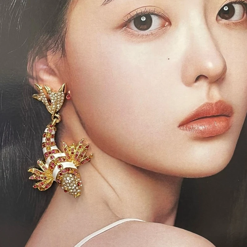 Heavy‑Set Rhinestone Koi Fish Stud Earrings, Luxury High‑End, Unique Exaggerated Statement Women Fashion Ear Jewelry