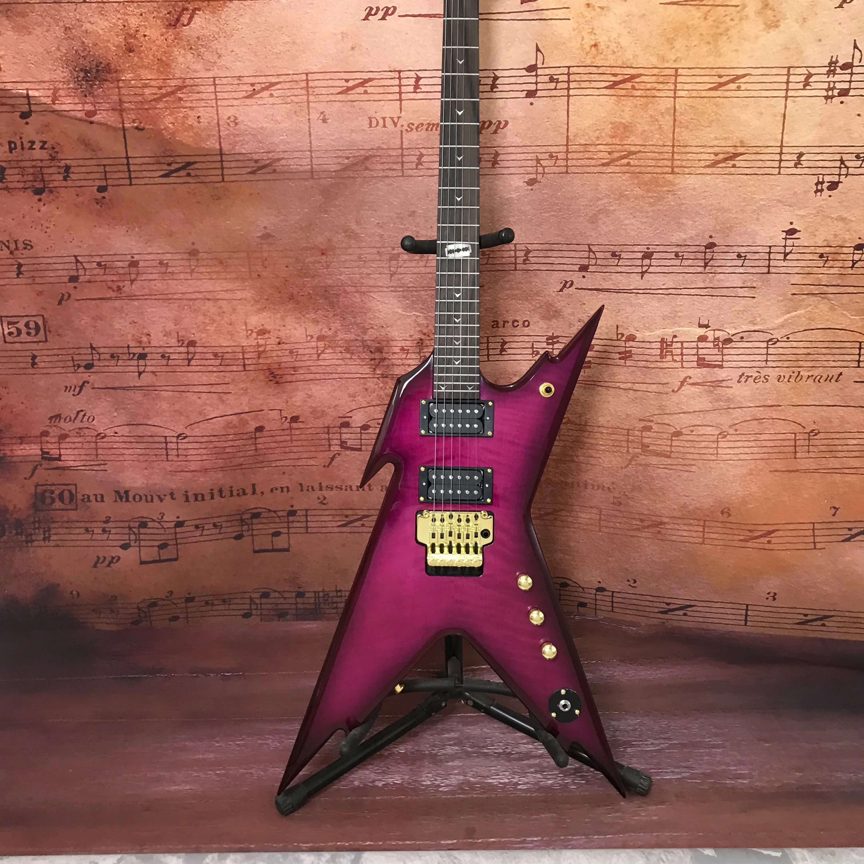 Chinese 6-string electric guitar flame maple top purplish-red tremolo system special style Flying V Good sound quality
