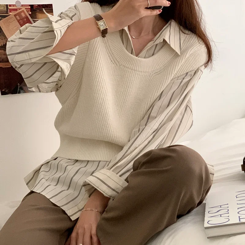 

Полосатые рубашки для женщин и студентов, универсальные модные повседневные популярные топы в корейском стиле, повседневные свободные весенние новые базовые ретро-рубашки, простые