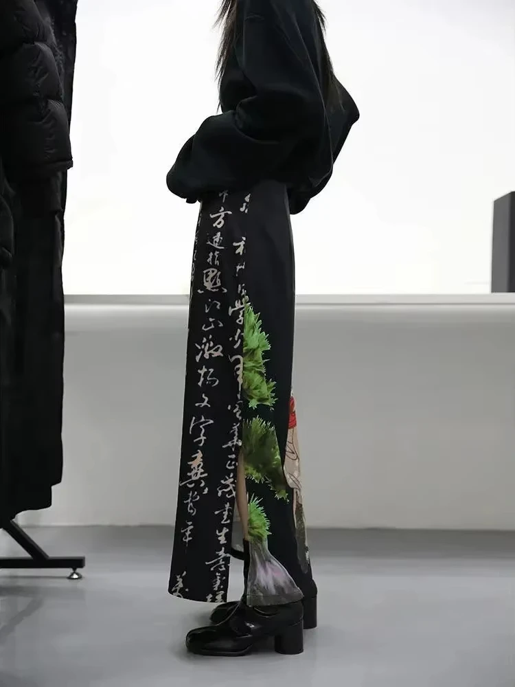 

Tie Dye Black Print Skirts Womens A-line Split Long Skirt Harajuku Japanese Streetwear Gothic Faldas Largas Mujer