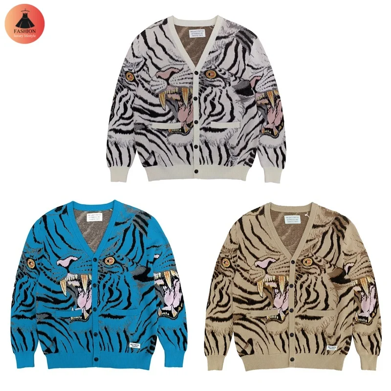 Autumn Winter Tiger Totem WACKO Vintage Sweater Best quality High-end Cardigan Men's Women's Coats With Label