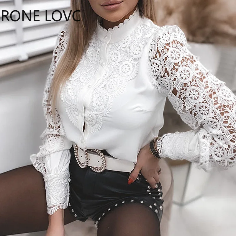 Elegant Women Solid Color Shirts Single-Breasted Design Lace Decor See Through V/O-Neck Long Sleeve Slim Spring Autumn Top