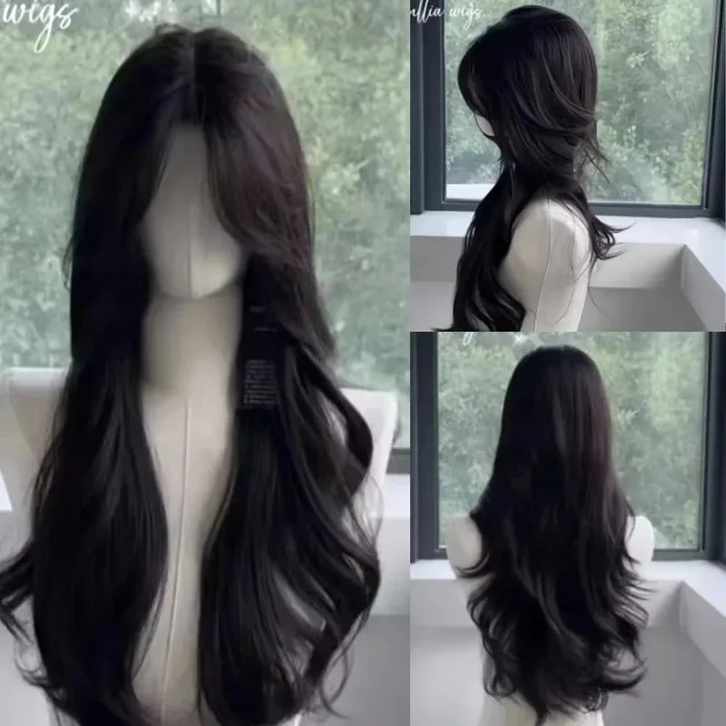 黒髪ロングウェーブナチュラルヘア合成ウィッグ女性用24インチ高品質耐熱ウィッグ人毛
