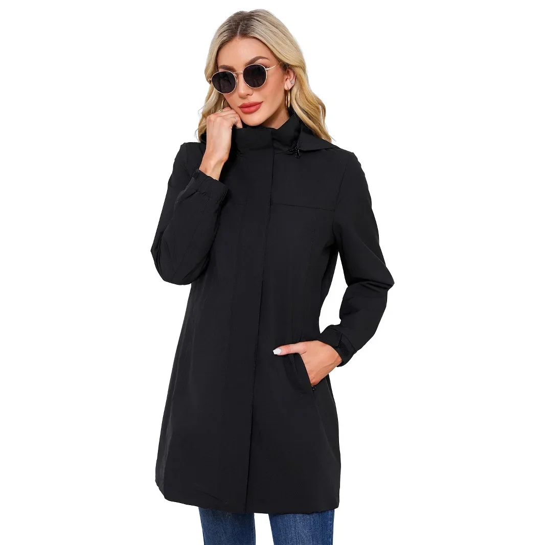 

Chinese Origin Windbreaker Fashionable Russian Lady Hooded Trench Coat Women's Style Polyester Fiber Full Sleeve Solid Color