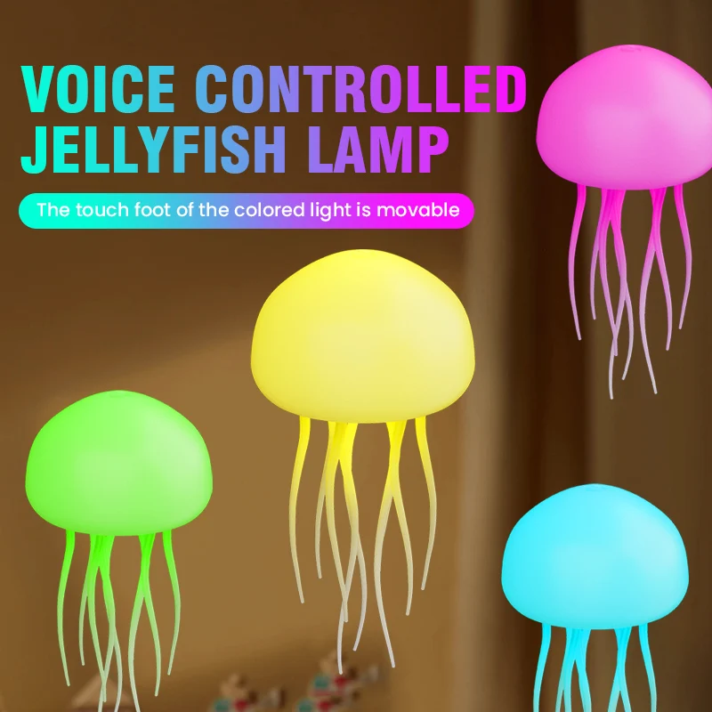 Jellyfish Cartoon LED Nihgt Light Voice Control Gradient Cute Rotating Jellyfish Hanging Bedside Lamp RGB Table Lamps Room Decor
