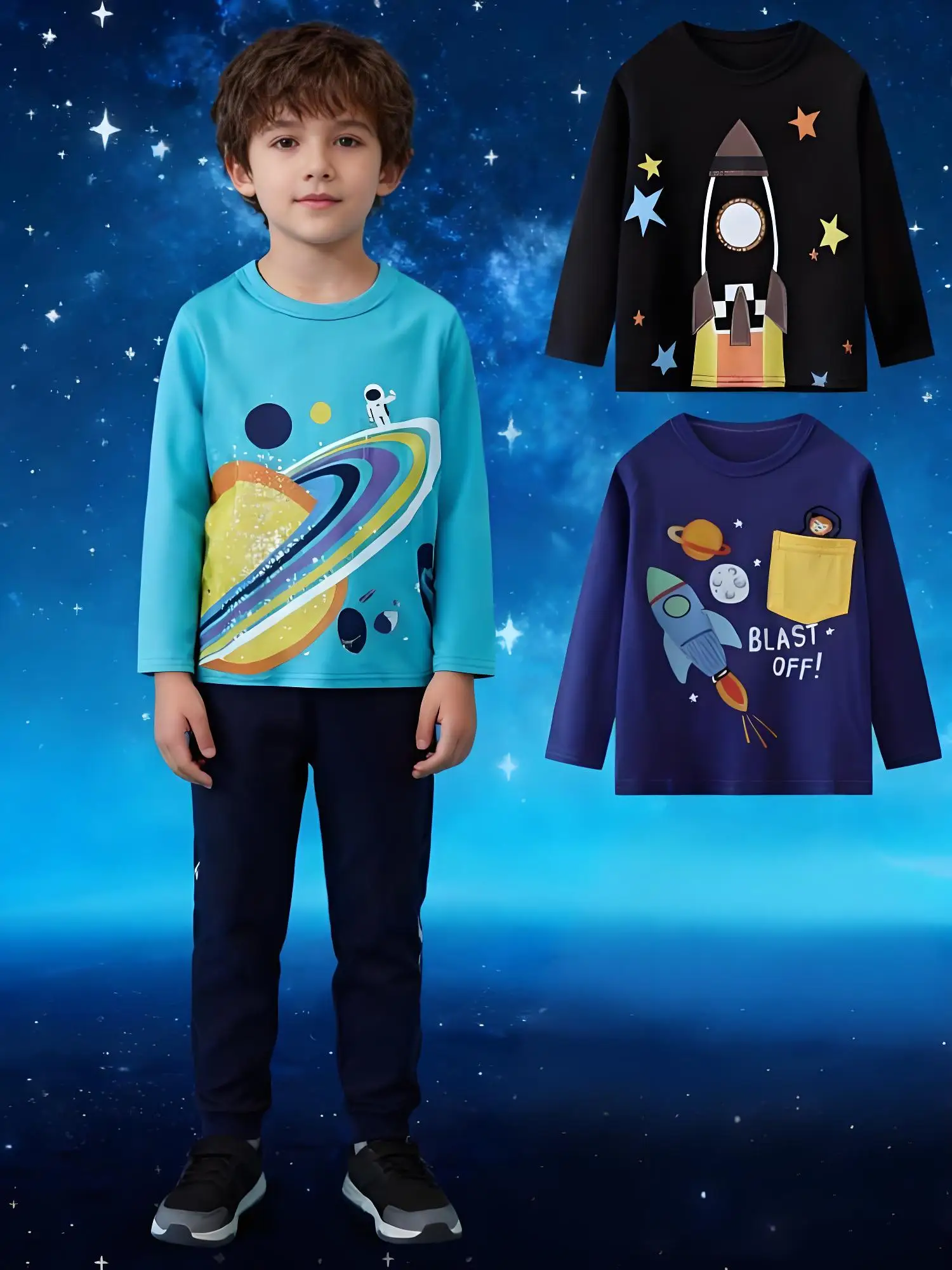 Paquete de 3 camisetas de manga larga con tema espacial para niños pequeños: camisas gráficas de cohete, planeta y astronauta para entusiastas del espacio pequeño