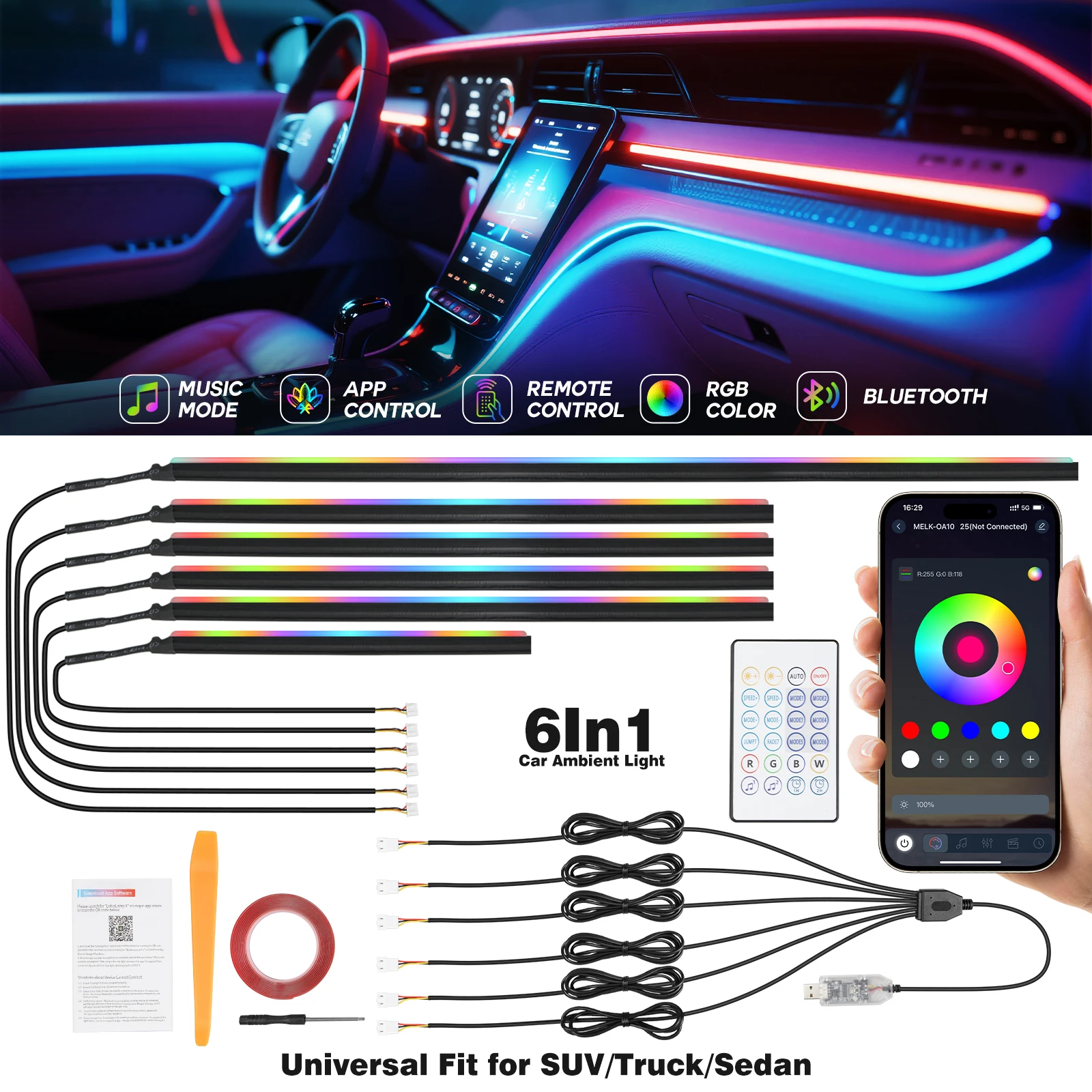 

Светодиодная RGB-подсветка для салона автомобиля, скрытая, полноцветная, акриловая, с управлением через приложение и пульт ДУ