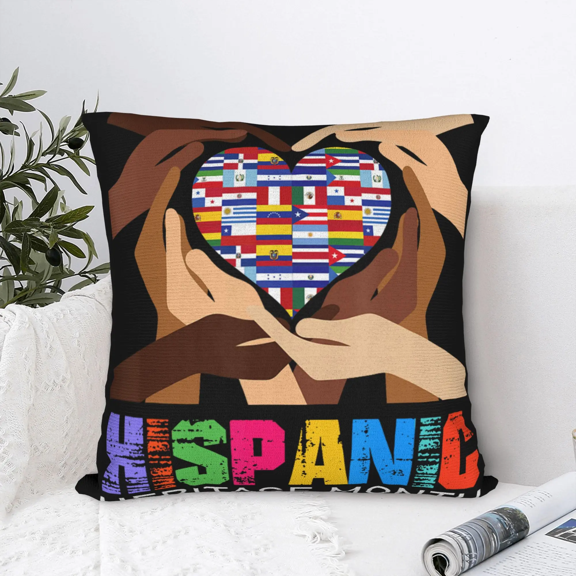 Hispanic Heritage Month Hands Heart Latino Countries Flags Pillow Cover  Vintage Pillow Case For Living Room Soft Cushion Cover