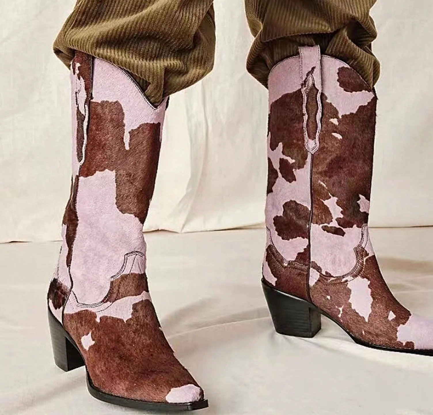 Mixed Colors Striped Pointed Toe Knee-High Women Western Boots Chunky High Heels Slip On Design Large Size CowBoy Shoes